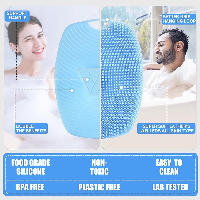 Silicone Body Scrubber - Zinc Infused-Highly Elastic Bristles Exfoliating Body Scrubber for Shower Body,Cellulite Reduction,Blood Circulation - Azure