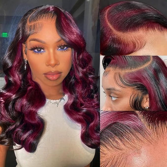 Skunk Stripe Wig Red With Black Highlights Body Wave Lace Front Wig Human Hair 13X4 HD Lace Front Wig Burgundy Colored Body Wave Wigs Pre Plucked With Baby Hair 150% Density Natural Hairline 16inch