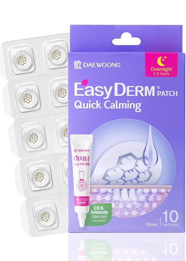 EasyDerm Quick Calming Magnesium Patches β Hydrocolloid Acne Spot Treatment Includes Tweezers & Ampoule, 10 Patches, Zit Sticker, TikTok Viral Blemish Patch, Made by Daewoong Pharmaceutical
