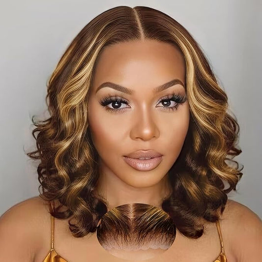 Ombre Lace Front Wig Human Hair Body Wave 7x5 Glueless Wigs Human Hair Pre Plucked Pre Cut 180% Density Wear and Go Highlight Wig Human Hair Bob 4/27 Brown Blonde Short Wigs For Women 12 Inch