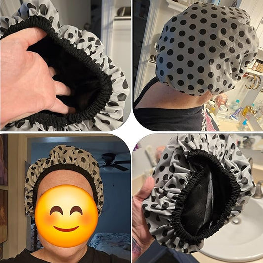 2 Pcs Shower Caps for Women Reusable Waterproof Double Waterproof Layers Bathing Hat large Shower Cap for Women (Black Red)