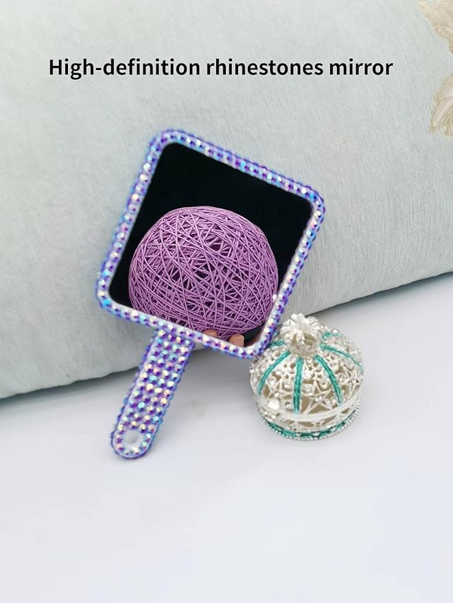 Sparkling Rhinestone Handheld Mirror Bling Hand Mirror Adorable Decorative Cosmetic Hand Mirror with Handle Glitter Makeup Mirror, Meaningful Gifts for Women Girls Purple