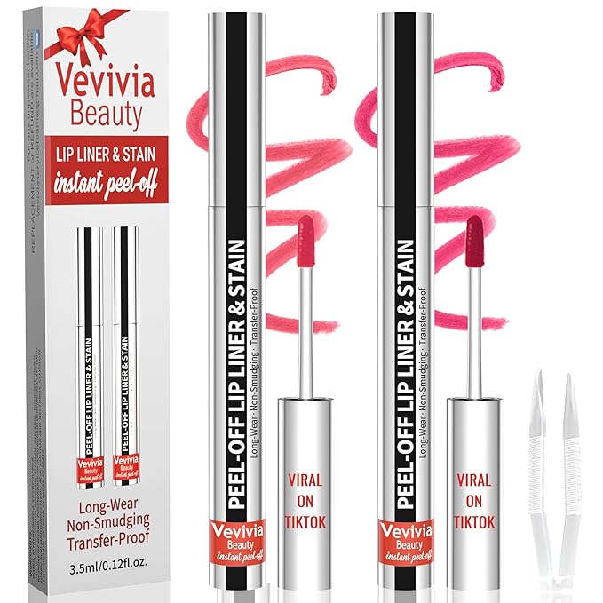 2pcs Lip Stain Peel Off - Lip Liner Stain Long Lasting Waterproof,2-in-1 Lip Liner with Tweezer Nude Matte,Non-Stick Cup,Highly PigmentedοΌNatural Finish,Stay On All Day,Perfect for Gift (Nude+Rose)