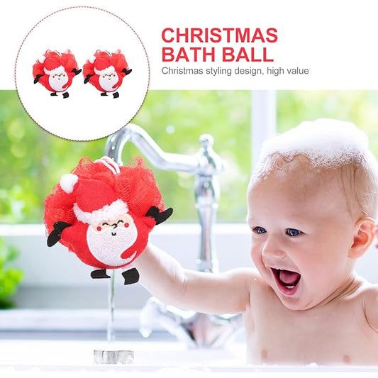 Santa Shower Pouf Towels 2pcs Bath Loofahs Christmas Santa Shower Sponges Exfoliating Mesh Pouf Bath Body Scrubber Bathing Flowers for Holiday Bathroom Decoration Red Washcloths