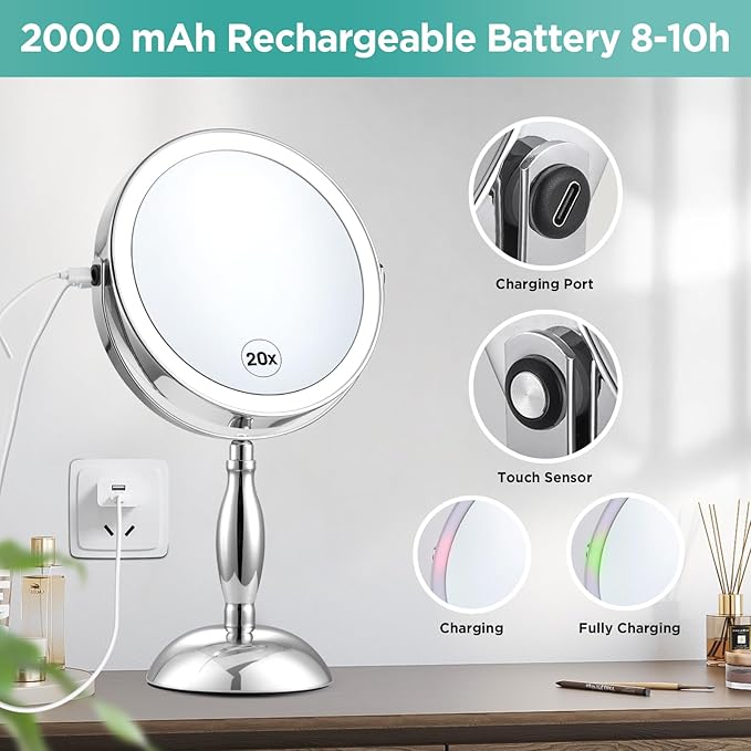Makeup Mirror with Lights, 20X Magnifying Mirror with Light and STC- Side Charging & Side Touch Switch, Vanity Mirror with 3 Color Light and 2-Side 360Β° Rotation Double Sided Standing Desk Mirror