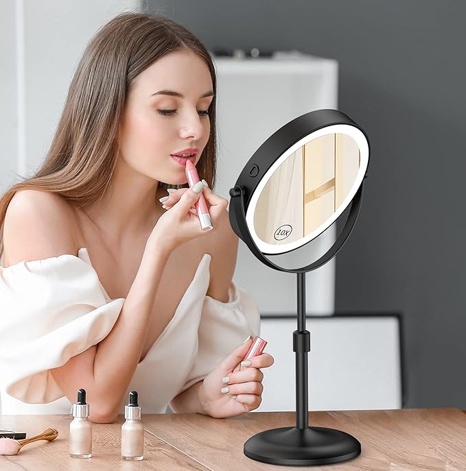 Gospire 7" Lighted Makeup Mirror with Magnification 10X/1X, Height Adjustable & 3 Color Dimmable Lights, 360Β° Swivel Double Sided Light up Rechargeable LED Cosmetic Vanity Cordless Standing