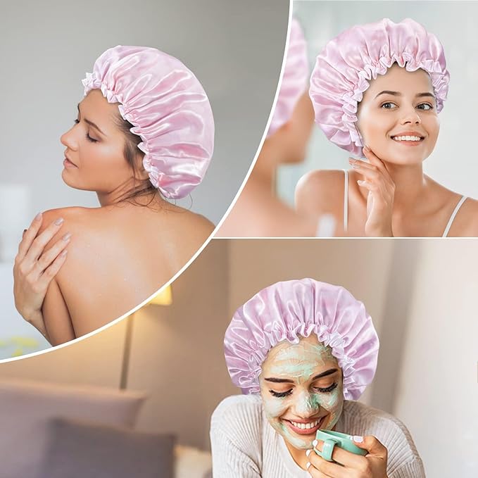 Aquior Shower Caps, Reusable Shower Cap for Women, Double Layer Waterproof Bonnet Hair Cap, Large Size for All Hair Lengths,for Girls Spa Home Salon Use (Pink Cloud)