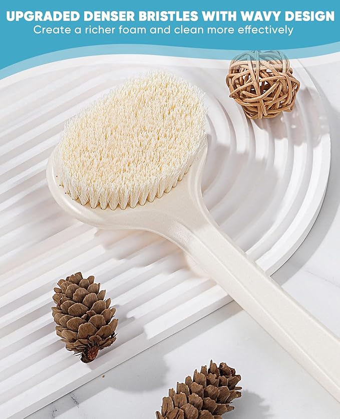 Back Scrubber for Shower with 17" Long Handle, Non-Slip Grip Shower Brush, Moderate Bristles Body Brush for Gentle Exfoliation, Back Brush for Shower Men & Women β Cream White