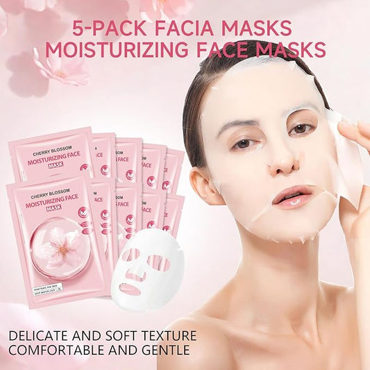 5 Pack Sheets Face Masks Skincare For All Skin Types, Cherry Facial Sheet Masks, Hydrating Facial Sheets Mask for Firming, Sheet Mask with Cherry Blossom Face Mask for Glowing Skin