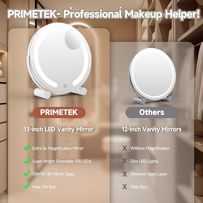 PRIMETEK Vanity Mirror with Lights, 13 inch LED Lighted Makeup Mirror, Round Makeup Mirror with Lights, Touch Screen, 3-Color Lighting, 5X Magnification, for Vanity Desk Tabletop, Bedroom, White