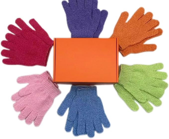 Elastic Exfoliating Bath Gloves, 6 Pairs (12 Pieces), One Size, Suitable for Sensitive & Dry Skin
