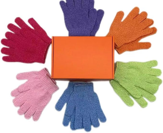 Elastic Exfoliating Bath Gloves, 6 Pairs (12 Pieces), One Size, Suitable for Sensitive & Dry Skin