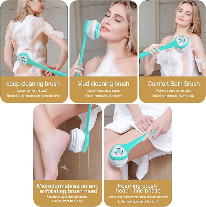 Electric Shower Body Brush, 5 in 1 Back Brush Long Handle for Shower Brush, Used for Body Cleaning Exfoliating Massage, Body Scrubber with 5 Rotating Brush Heads