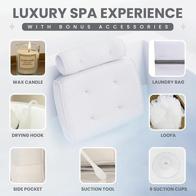 SunSerenity Luxury Bath Pillow for Tub - Relaxing Bath Tub Accessory β Bath Tub Pillow for Head and Back, Unscented Candle, Sponge Loofah, Laundry Bag, & Suction Tool (White on White)