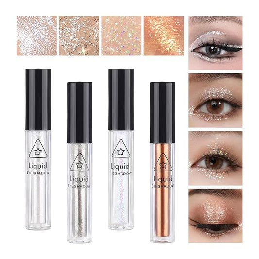 4Pcs Liquid Eyeshadow Eyeliner Kit Set for Korean Makeup, Sparkling Shimmer Metallic Eye Glitter Sequins for Under Eye Tear-Drop Make Up, Quick-Dry Loose Glitter Glue for Crystal Mermaid Looks