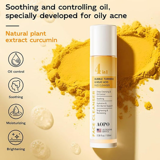 4 in 1 Bubble Turmeric & Kojic Acid for Face Cleanser - Turmeric Face Wash Foaming Cleanser - Exfoliation Deep Cleansing of Facial Skin - Suitable for Sensitive Skin - 3.38OZ