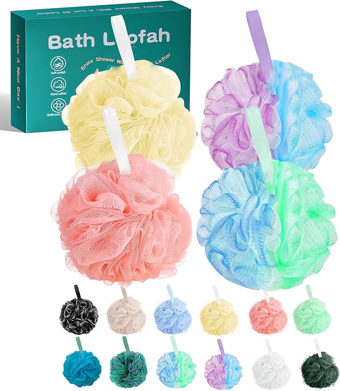 Amazerbst 4 Pack Bath Sponges Mesh Balls Shower Loofahs Wash Back Body Cleaning Scrubber Exfoliator Loofah Sponge Bathing Accessories Women Men