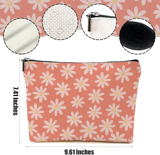 2pcs Daisy Floral Makeup Bag, Travel Essential Cosmetic Bag Garden Flower Gifts for Women Female Girls Sister BFF Nature Lover, Travel Zipper Pouch Christmas Thanksgiving Birthday Gifts
