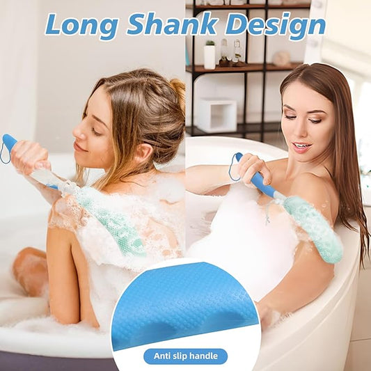 15.35" Back Bath Brush with Sponge,Back Scrubber Bath Mesh with Curved Long Handle Bath Body Brush for Elderly Aid Bathing and Shower