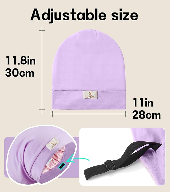 100% Mulberry Silk Bonnet for Sleeping for Curly Hair and Braids, Wrap with Adjustable Strap for Women and Men,Real Silk, Not SatinοΌ1Pc,Lavender)