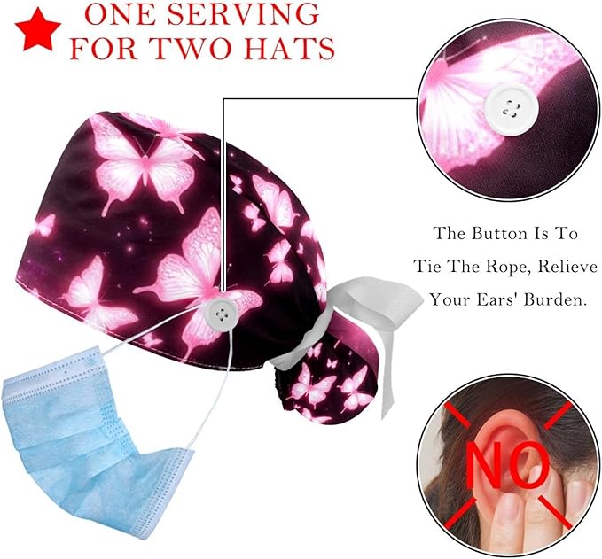 2 PCS Bouffant Cap with Button Ponytail Pouch Working Cap Sweatband Adjustable Surgical Cap Black and White Cow