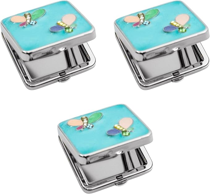 Stephanie Imports Set of 3 Double Sided Magnifying Compact Slim Mirrors (Sky Blue & Rhinestone Butterfly, Square)