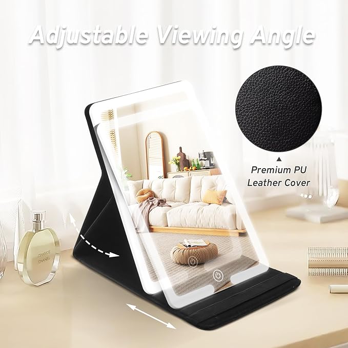 Travel Makeup Mirror with Lights, PU Leather Cover Vanity Mirror with 3 Light Settings, Rechargeable 1500mAh Lighted Makeup Mirror Portable Ultra-Slim LED Cosmetic Mirror of 8x5.5inch