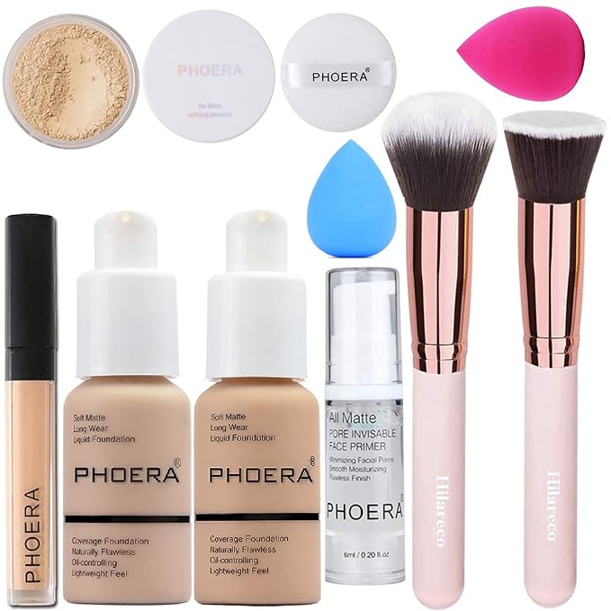 PHOERA Foundation,Full Coverage Foundation,PHOERA Primer,PHOERA Powder,PHOERA Concealer PHOERA Makeup Set, Kabuki Makeup Brushes Foundation Brush Powder,2 Makeup Sponge (102 Nude + 104 Buff Beige)