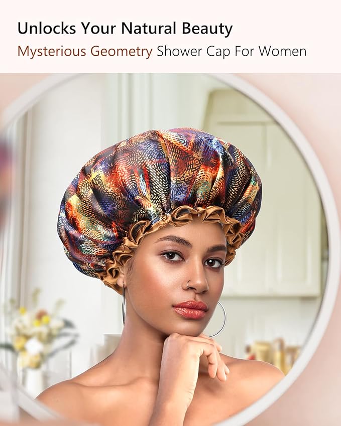 mikimini Mystery Medium Shower Caps Pack of 2, Shower Cap for Girls and Women with Brown Lace, Reusable Waterproof Bathing Shower Hat