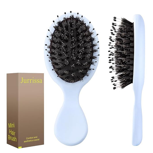 Mini Boar Bristles Hair Bursh, Travel Size Hair Brush for Women Men Kids, Protable Small Hair Brush for Pockets Purses, Mini Detangler Brush for Smooth Add Shine (1 Pack-Blue)