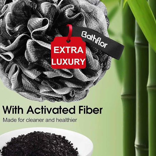 Loofah Sponge Exfoliating Body Scrubber: 4PCS Extra Large 80g Shower Loofahs Poufs, 1PCS Long Handle Loofa Back Scrubber, 1PCS Luffa Hook, Charcoal Loofah Pack for Women Men Bath Wash, Black