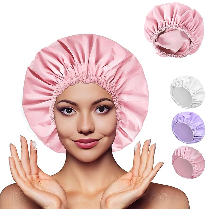 Shower Cap for Women Set of 4, 1 Double-Layer Waterproof Bath Cap + 3 Single-Layer Waterproof Shower Caps β Reusable Hair Protector, TPU Coated Elastic Bathing Cap for Women & Men - Pink