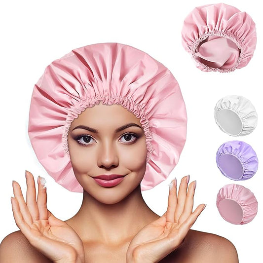 Shower Cap for Women Set of 4, 1 Double-Layer Waterproof Bath Cap + 3 Single-Layer Waterproof Shower Caps β Reusable Hair Protector, TPU Coated Elastic Bathing Cap for Women & Men - Pink