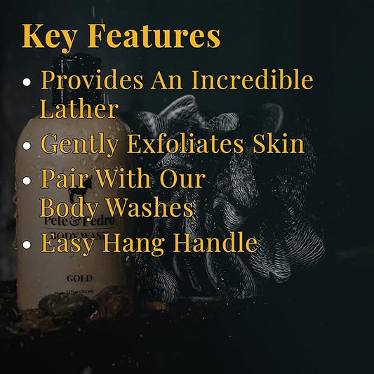 Pete & Pedro Loofah Sponge Pouf Bath & Shower Tool | Light Gentle Exfoliator & Skin Scrubber, Helps with Lather & Exfoliating Dermis | Black Mesh Body Shower Accessories | As Seen on Shark Tank