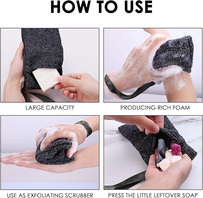 6 Pack Large Soap Saver Bag, Body Exfoliator Bar Soap Scrubber Pouch for Shower and Bath, Rough Soap Pocket Soap Saver Pouch for Massage, Peeling (Black)