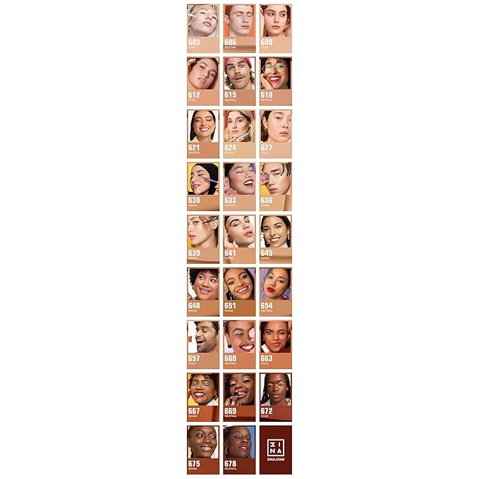 3INA The 24H Foundation 654-24H Long-Wearing Formula - Medium To High Buildable Coverage - Smooth Matte Finish - Expanded Shade Selection - Waterproof, Cruelty Free, Vegan Makeup - 1.01 Oz