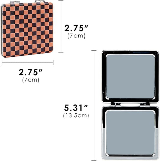 2 Pack Compact Mirror Black Brown Checkered Pattern, Portable Pocket Mirror with Double-Sided Magnification for Makeup, Touch-up and Travel