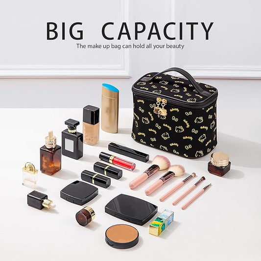 AmBealla Make up Bag Travel Cosmetic Bags Brush Holder Zipper Pouch Case Organizer Cute Organizer Suitable for Purse for Women (Black 2PCS)