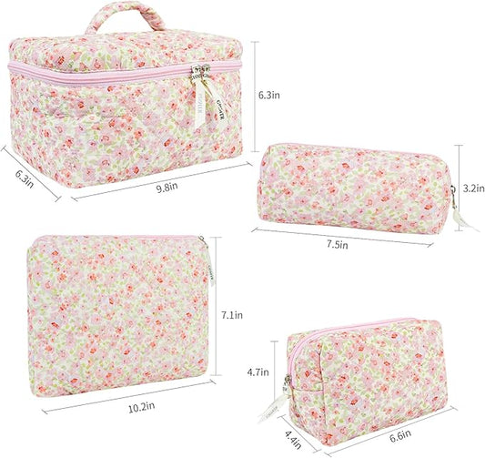 4Pcs Quilted Makeup Bag Set Cute Floral Cosmetic Bag Cotton Coquette Make up Bag Aesthetic Travel Toiletry Bag for Women Girls