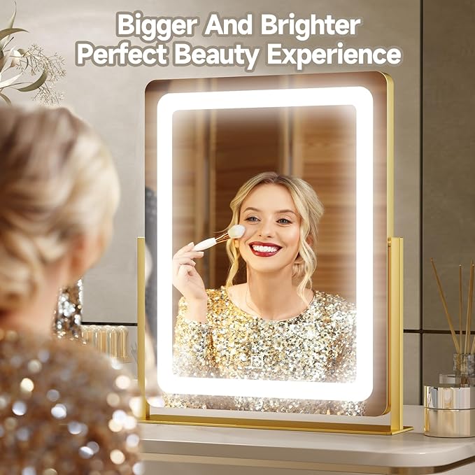 PRIMETEK Vanity Mirror with Lights, 19"x22" Large Makeup Mirror with Lights, LED Lighted Makeup Mirror, Touch Screen with 3-Color Lighting, Dimmable for Vanity Desk Tabletop, Bedroom, Gold