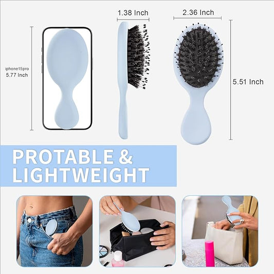Mini Boar Bristles Hair Bursh, Travel Size Hair Brush for Women Men Kids, Protable Small Hair Brush for Pockets Purses, Mini Detangler Brush for Smooth Add Shine (1 Pack-Blue)