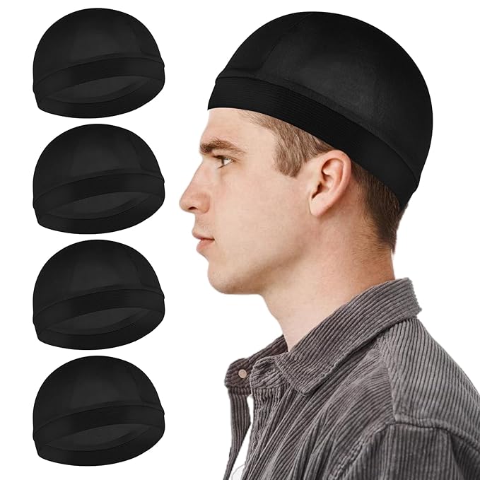 4 Pcs Silky Bonnet for Men Women, Satin Silk Hair Wrap for Sleeping, Silk Wave Caps for 360 540 720 Waves, Sleep Bonnet Compression Sleeping Shower Cap Bath Accessories (Black)