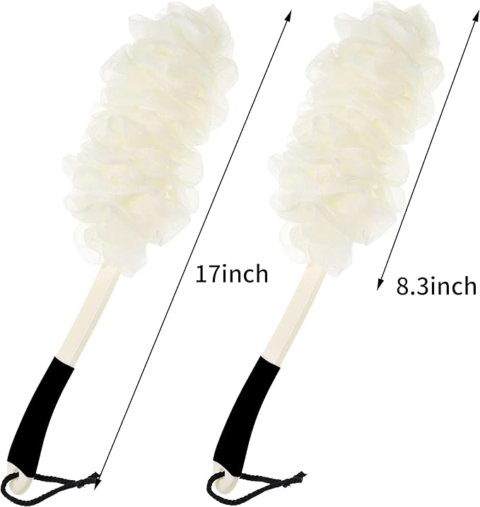2Pack Back Scrubber for Shower, Loofah with Handle, Back Loofah Non-Slip Handle, Bath Body Brush, Scrub Cleaning Brush for Shower, Soft Mesh Sponge On a Stick for Men Women Elderly (Two White)