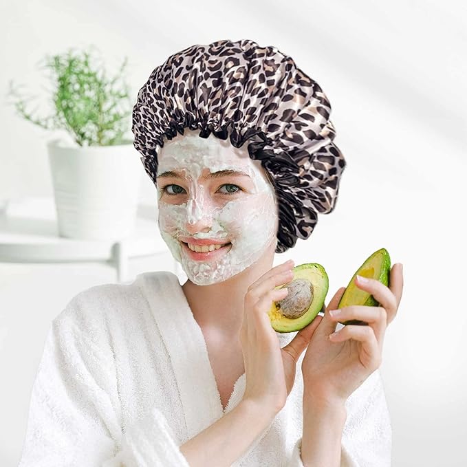 Aquior Shower Cap, Shower Cap for Women Reusable Waterproof, Large Bath Hair Cap for All Hair Lengths, Ladies, Men and Kids (Leopard)