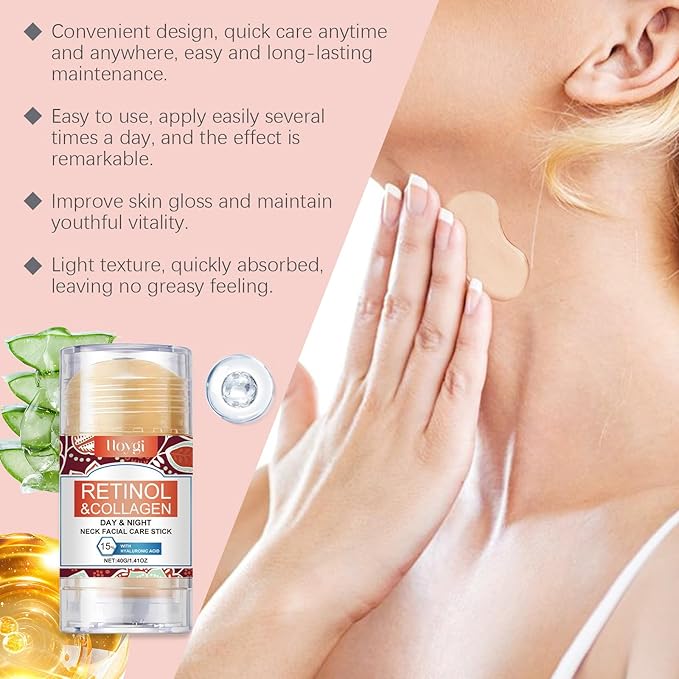 Retinol & Collagen Neck Facial Care Stick, Anti Aging Neck and Décolleté Firming Cream - Tighten and Hydrate Skin Day & Night Neck Tightening Cream Firm Repair Sagging Rejuvenates Skin - 1.41 Oz