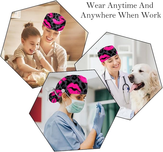 2 PCS Bouffant Cap with Button Ponytail Pouch Working Cap Sweatband Adjustable Surgical Cap Black and White Cow