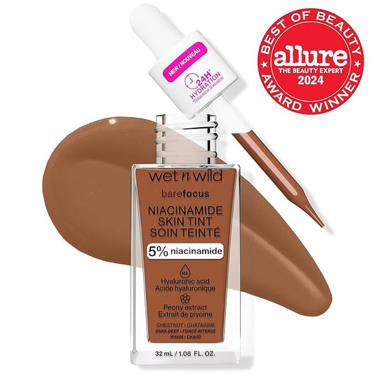 wet n wild Bare Focus Skin Tint, 5% Niacinamide Enriched, Buildable Sheer Lightweight Coverage, Natural Radiant Finish, Hyaluronic & Vitamin Hydration Boost, Cruelty-Free & Vegan - Chestnut