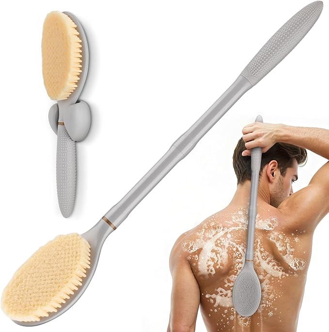 New Back Scrubber Anti-Slip for Shower, 18.9‘’ Corn-Handle Shower Back Scrubber with Dual-Side Head & Soft Bristles, Adjustable Shower Brush Bath Brush for Lathering & Cleansing(Gray-L)