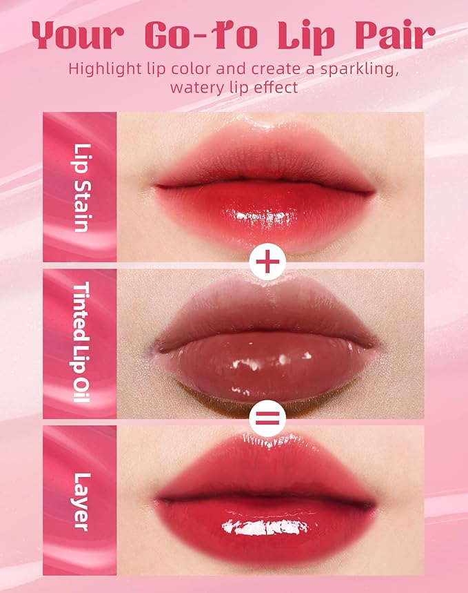 Tinted Lip Oil & Lip Stain Set, Korean Makeup, Smudge-Proof,Long-Wearing, 2-in-1 Cheek and Lip Tint with Moisturizing, High-Shine, Lightweight & Non-Sticky for Dry Lips, Cruelty-Free & Vegan