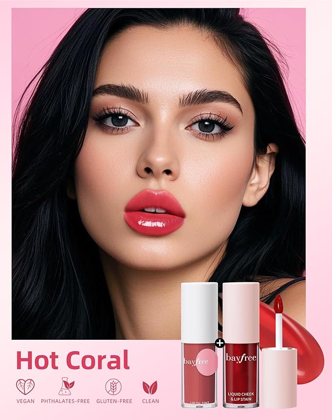 Tinted Lip Oil & Lip Stain Set, Korean Makeup, Smudge-Proof,Long-Wearing, 2-in-1 Cheek and Lip Tint with Moisturizing, High-Shine, Lightweight & Non-Sticky for Dry Lips, Cruelty-Free & Vegan